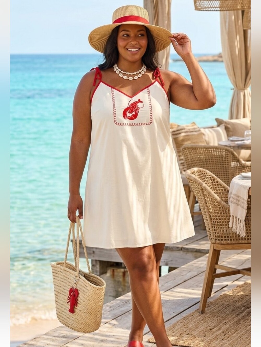 Tuesday Bassen Lobster Dress Size 2X Cream Red Tie Strap Retro